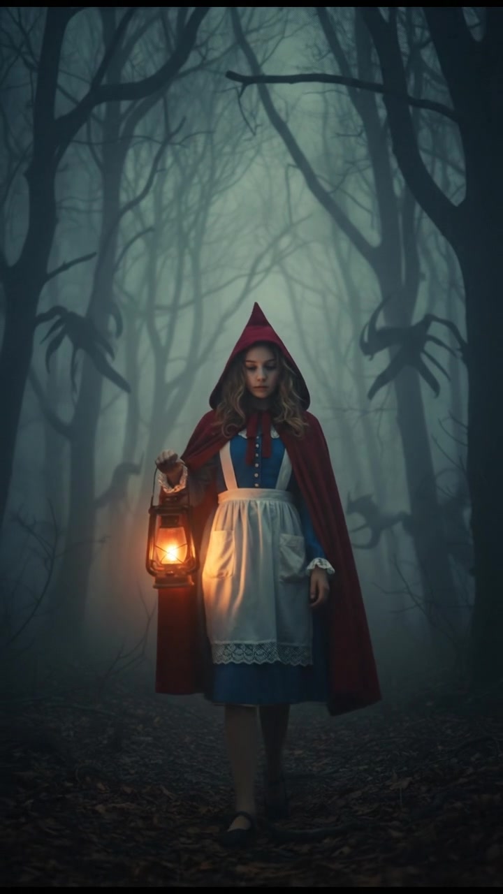 walking alone through a fog-covered forest at night, faint lantern light revealing eerie silhouettes