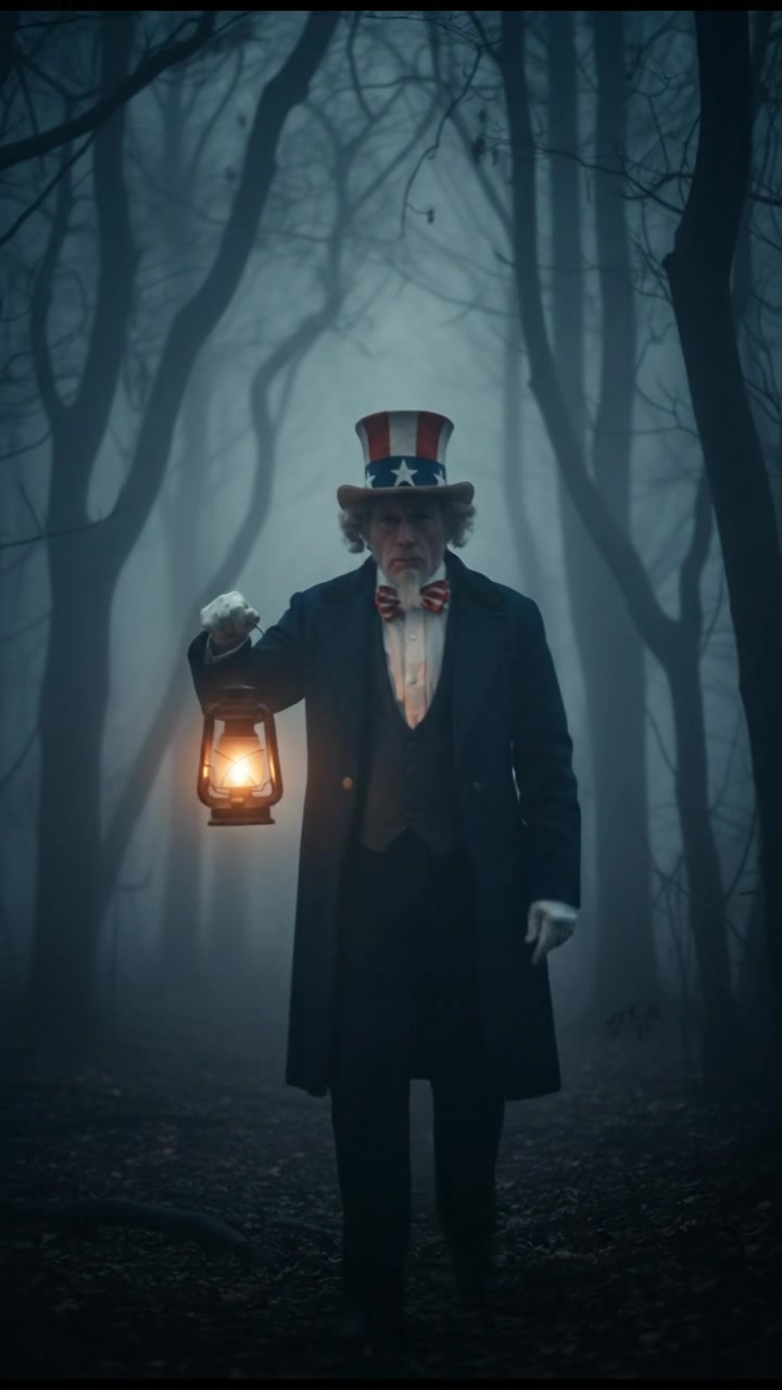 walking alone through a fog-covered forest at night, faint lantern light revealing eerie silhouettes