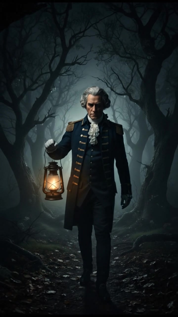 walking alone through a fog-covered forest at night, faint lantern light revealing eerie silhouettes