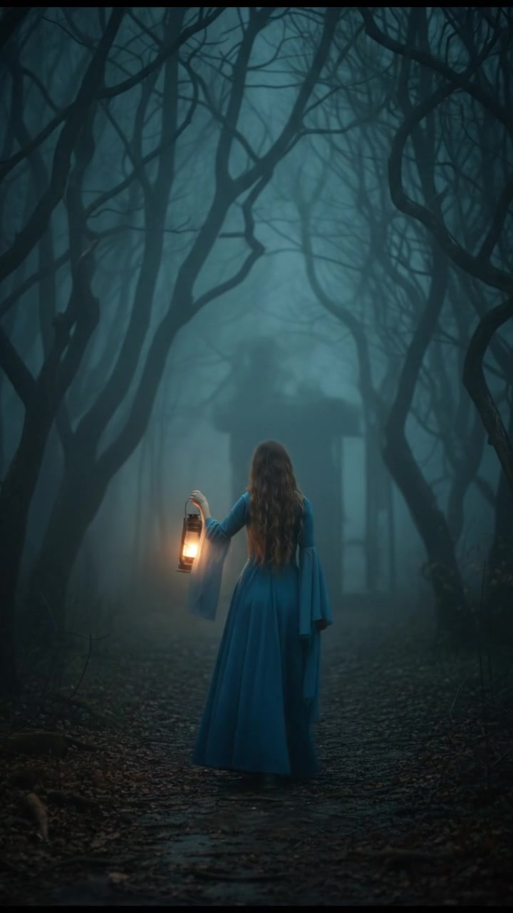 walking alone through a fog-covered forest at night, faint lantern light revealing eerie silhouettes
