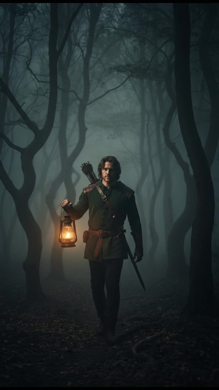 walking alone through a fog-covered forest at night, faint lantern light revealing eerie silhouettes