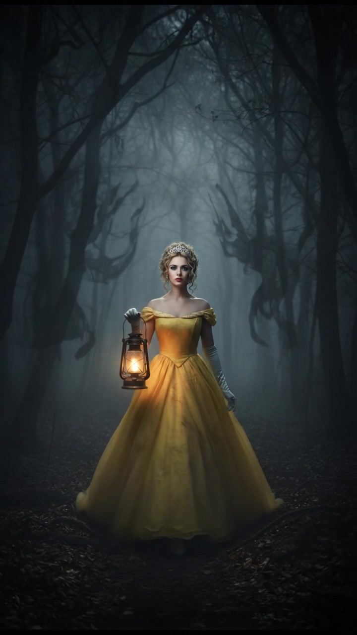 walking alone through a fog-covered forest at night, faint lantern light revealing eerie silhouettes