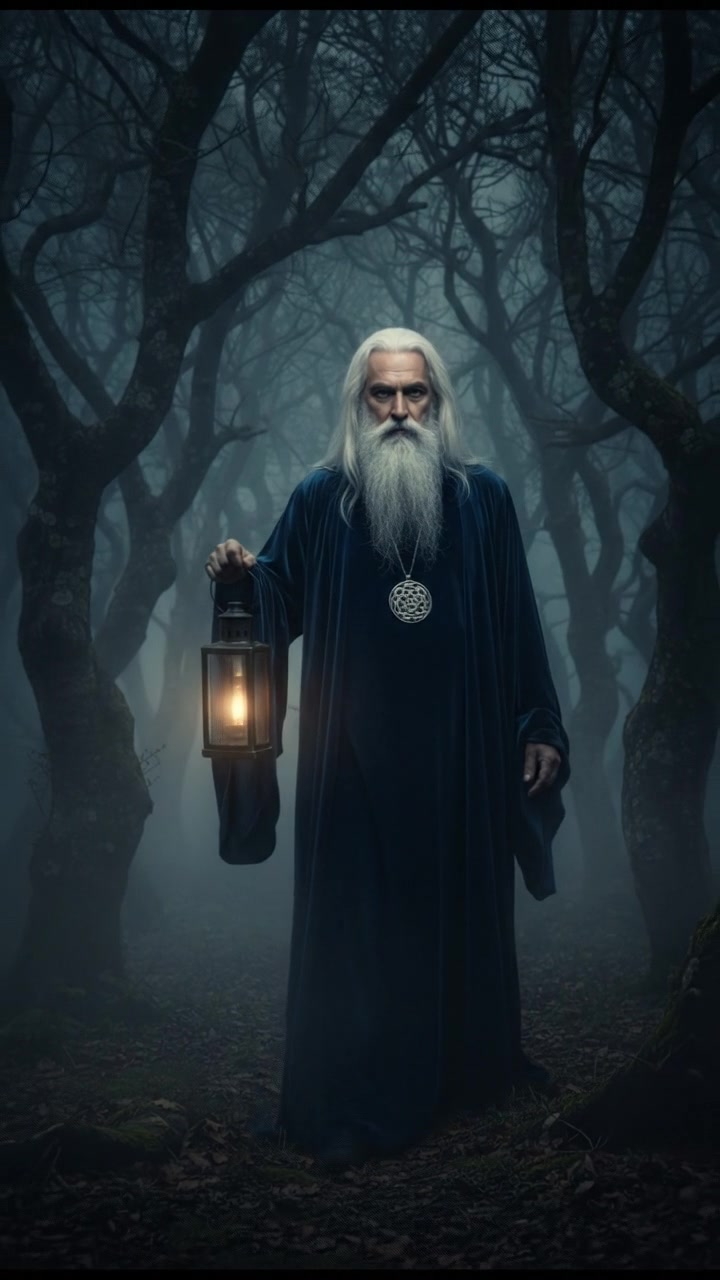 walking alone through a fog-covered forest at night, faint lantern light revealing eerie silhouettes