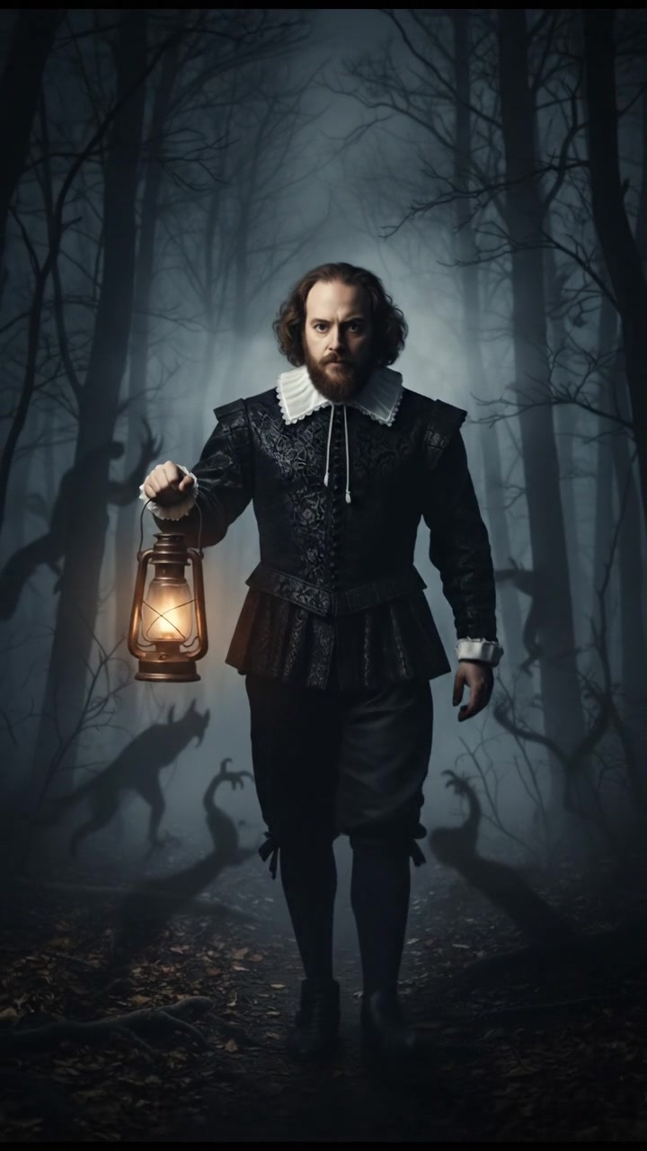 walking alone through a fog-covered forest at night, faint lantern light revealing eerie silhouettes