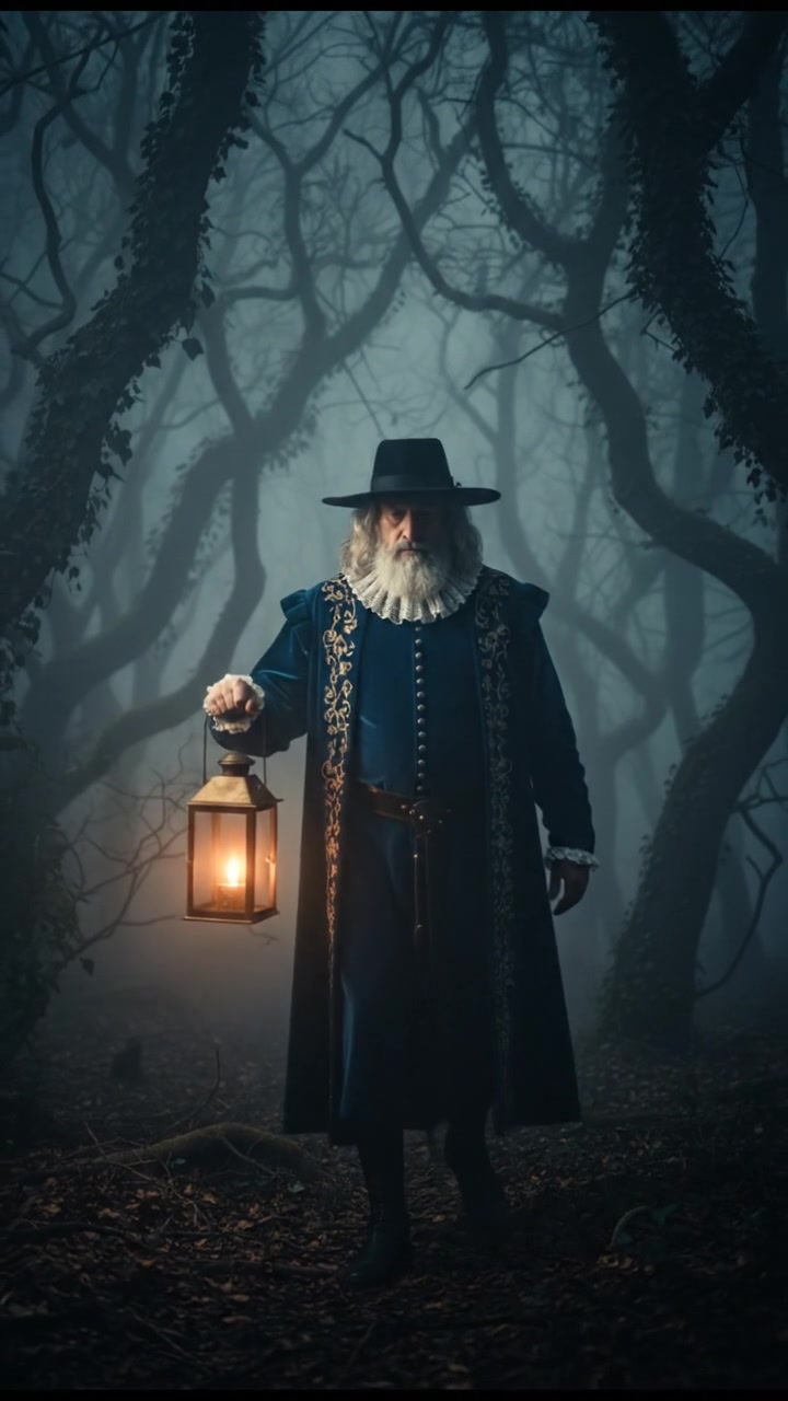 walking alone through a fog-covered forest at night, faint lantern light revealing eerie silhouettes