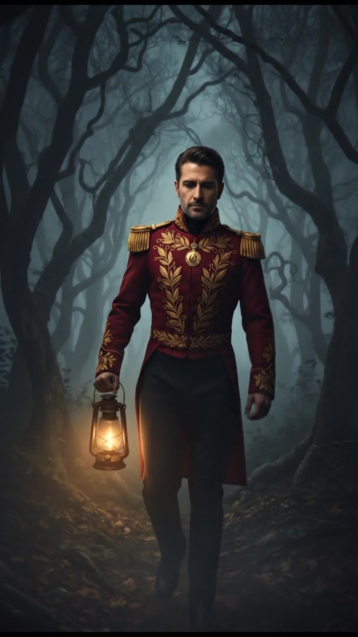 walking alone through a fog-covered forest at night, faint lantern light revealing eerie silhouettes