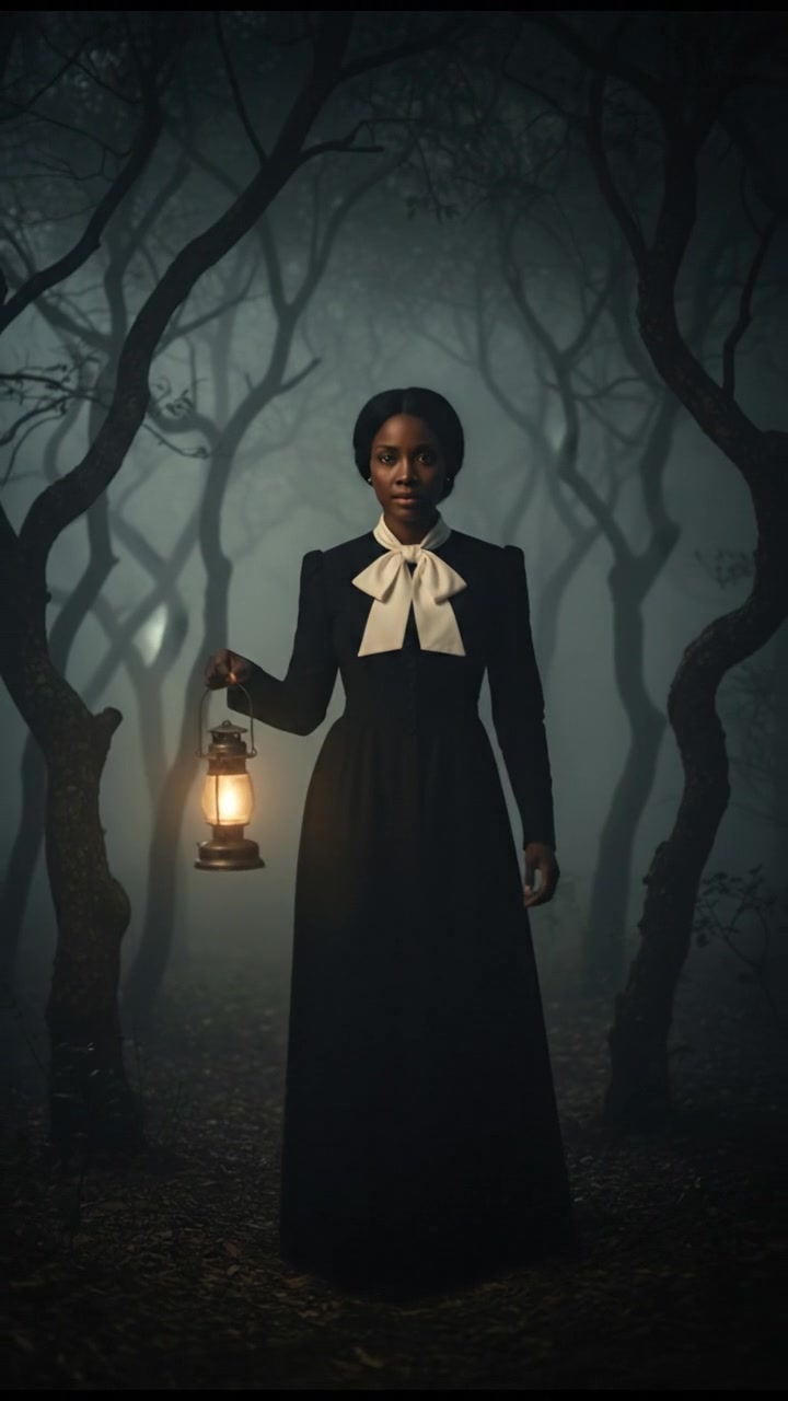 walking alone through a fog-covered forest at night, faint lantern light revealing eerie silhouettes