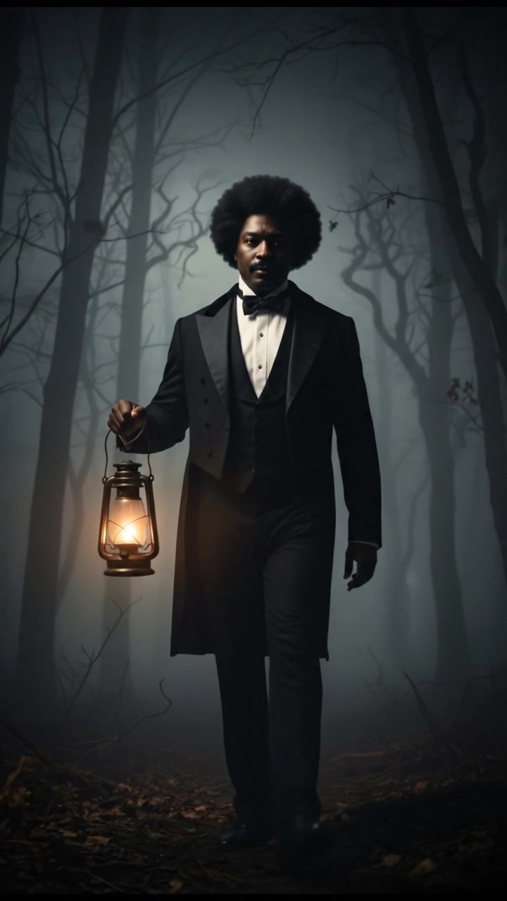 walking alone through a fog-covered forest at night, faint lantern light revealing eerie silhouettes