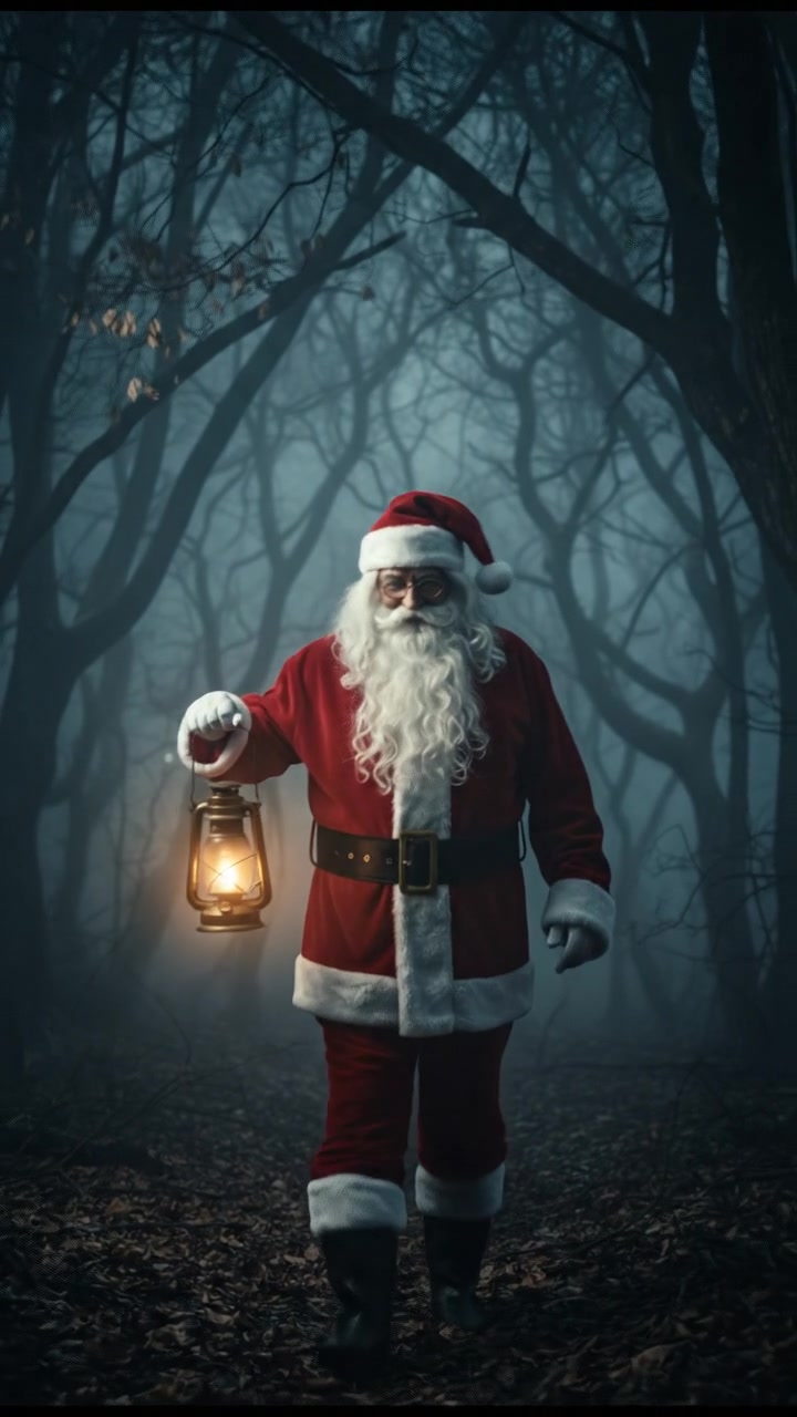 walking alone through a fog-covered forest at night, faint lantern light revealing eerie silhouettes