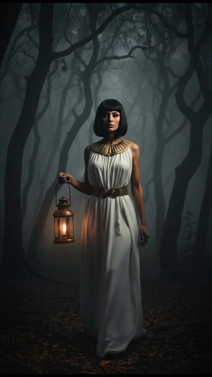 walking alone through a fog-covered forest at night, faint lantern light revealing eerie silhouettes