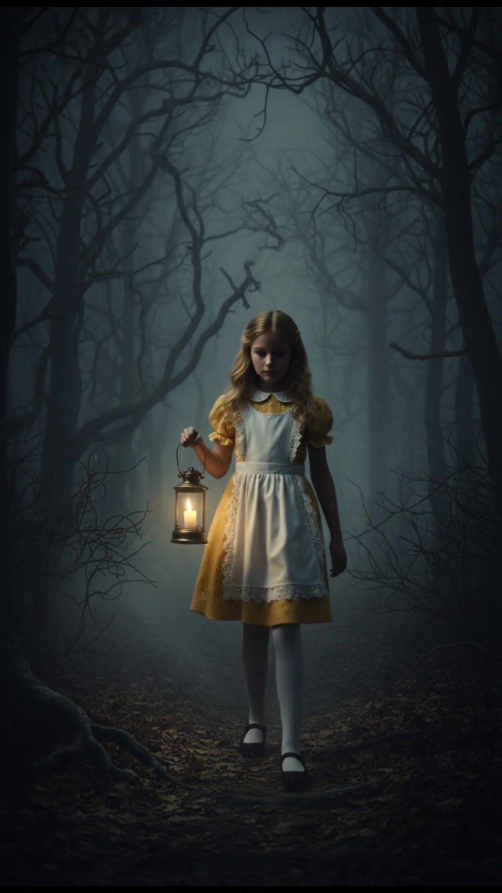 walking alone through a fog-covered forest at night, faint lantern light revealing eerie silhouettes