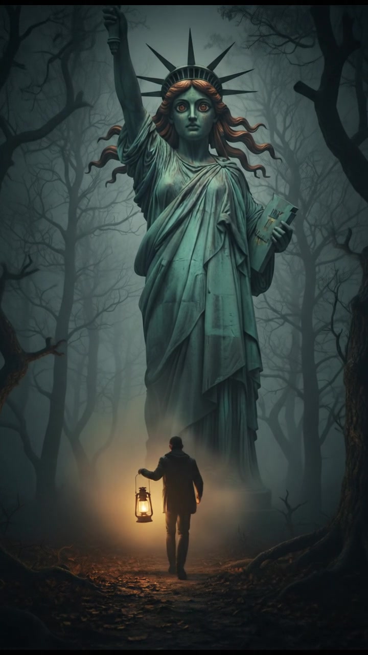 walking alone through a fog-covered forest at night, faint lantern light revealing eerie silhouettes