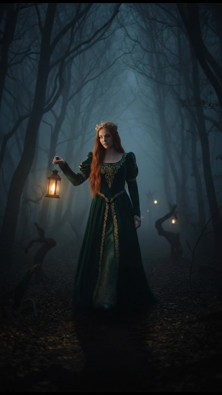 walking alone through a fog-covered forest at night, faint lantern light revealing eerie silhouettes