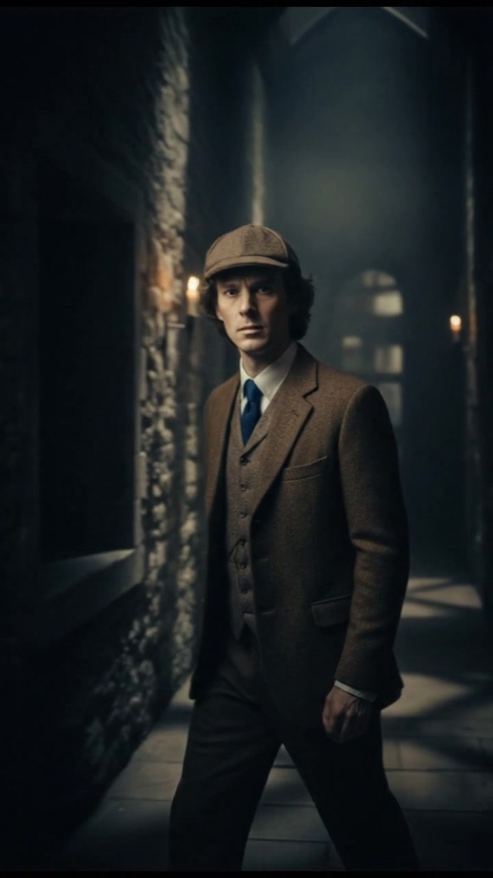 standing in a dimly lit hallway, shadows moving just beyond sight, suspenseful atmosphere