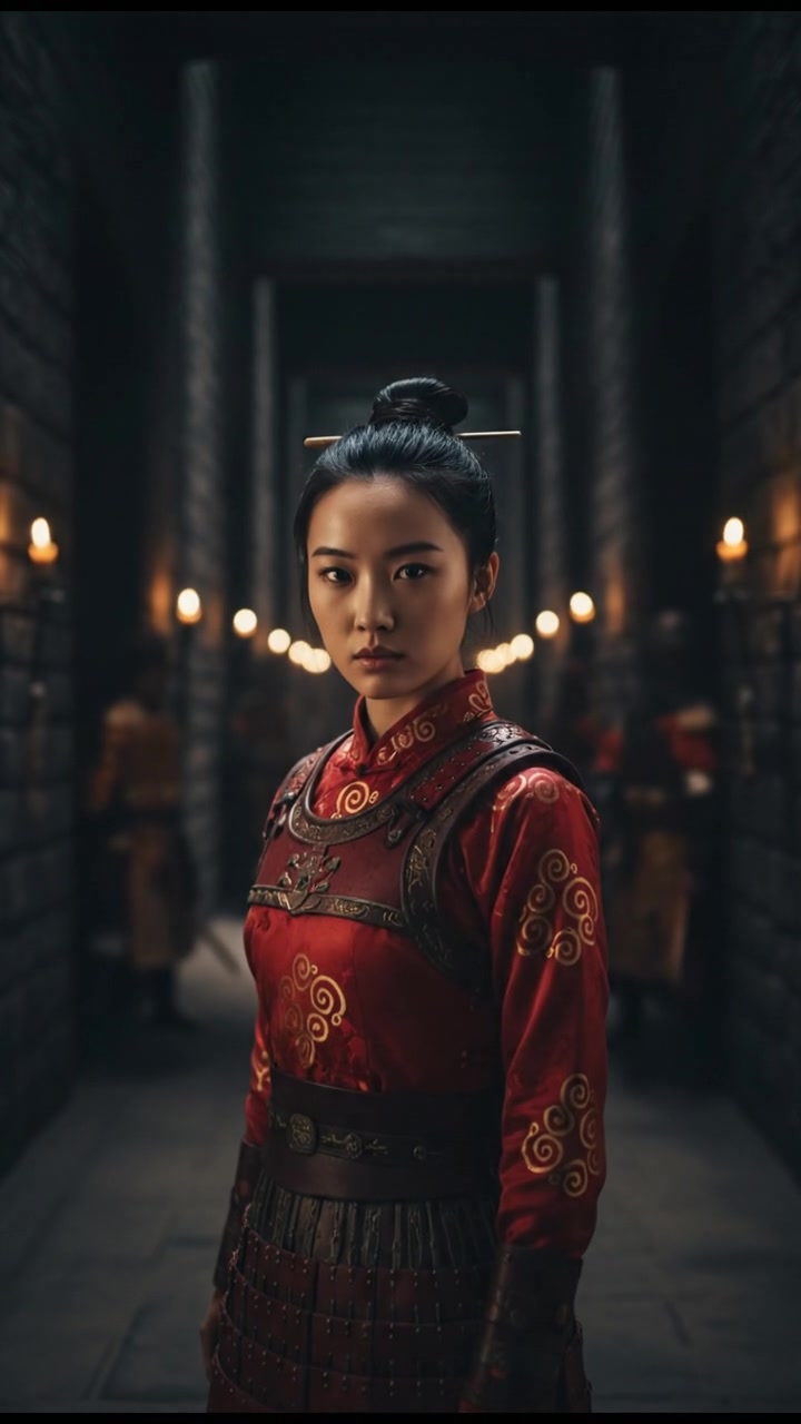 standing in a dimly lit hallway, shadows moving just beyond sight, suspenseful atmosphere