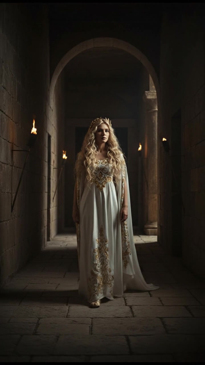 standing in a dimly lit hallway, shadows moving just beyond sight, suspenseful atmosphere