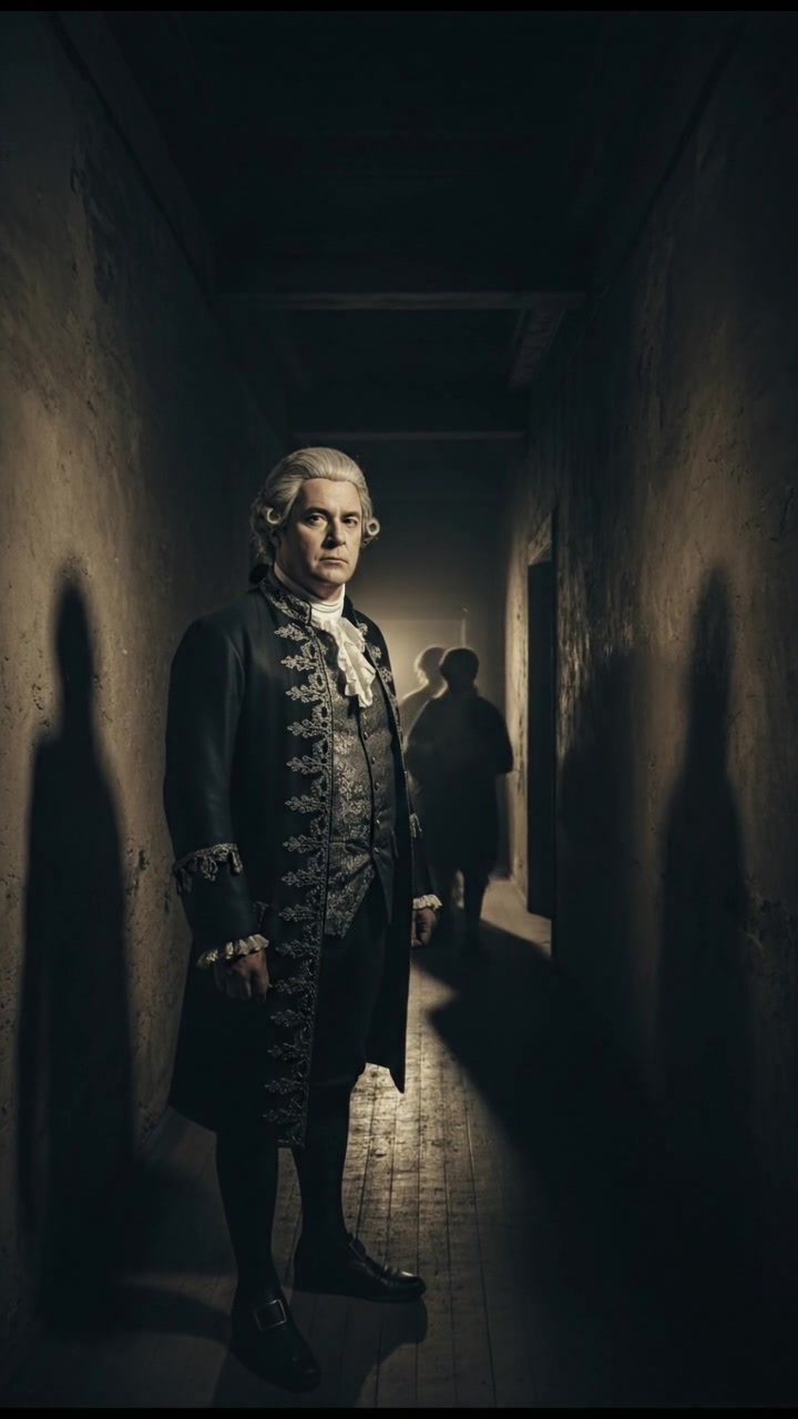 standing in a dimly lit hallway, shadows moving just beyond sight, suspenseful atmosphere