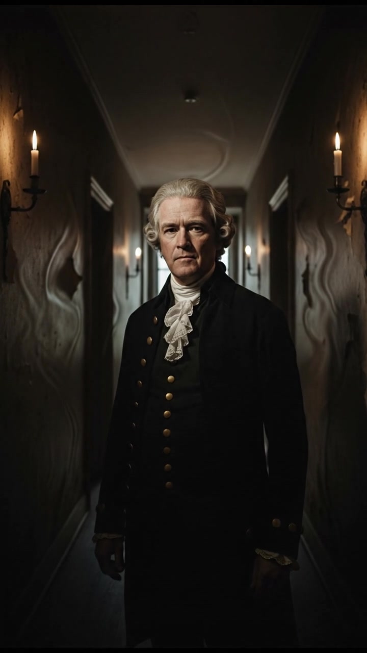 standing in a dimly lit hallway, shadows moving just beyond sight, suspenseful atmosphere