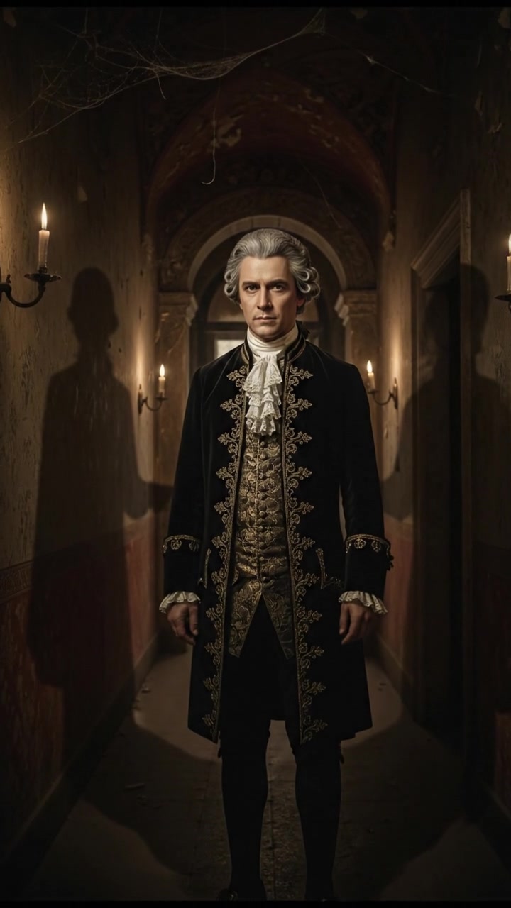 standing in a dimly lit hallway, shadows moving just beyond sight, suspenseful atmosphere