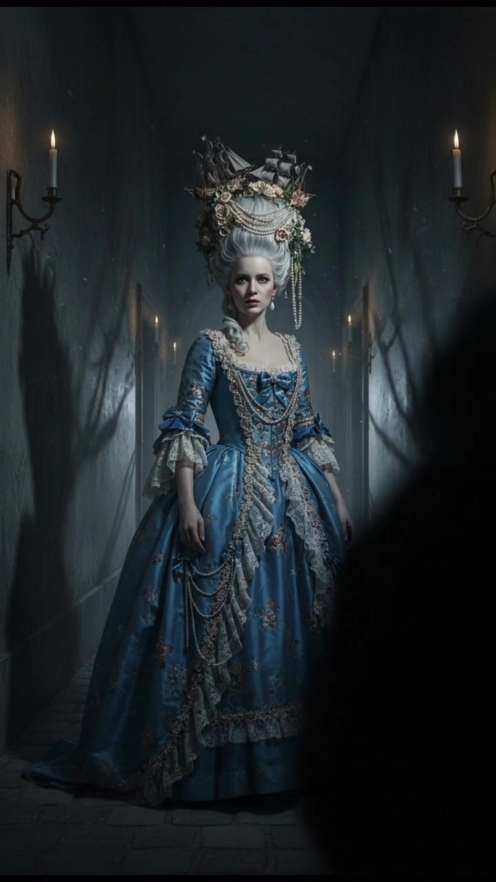 standing in a dimly lit hallway, shadows moving just beyond sight, suspenseful atmosphere