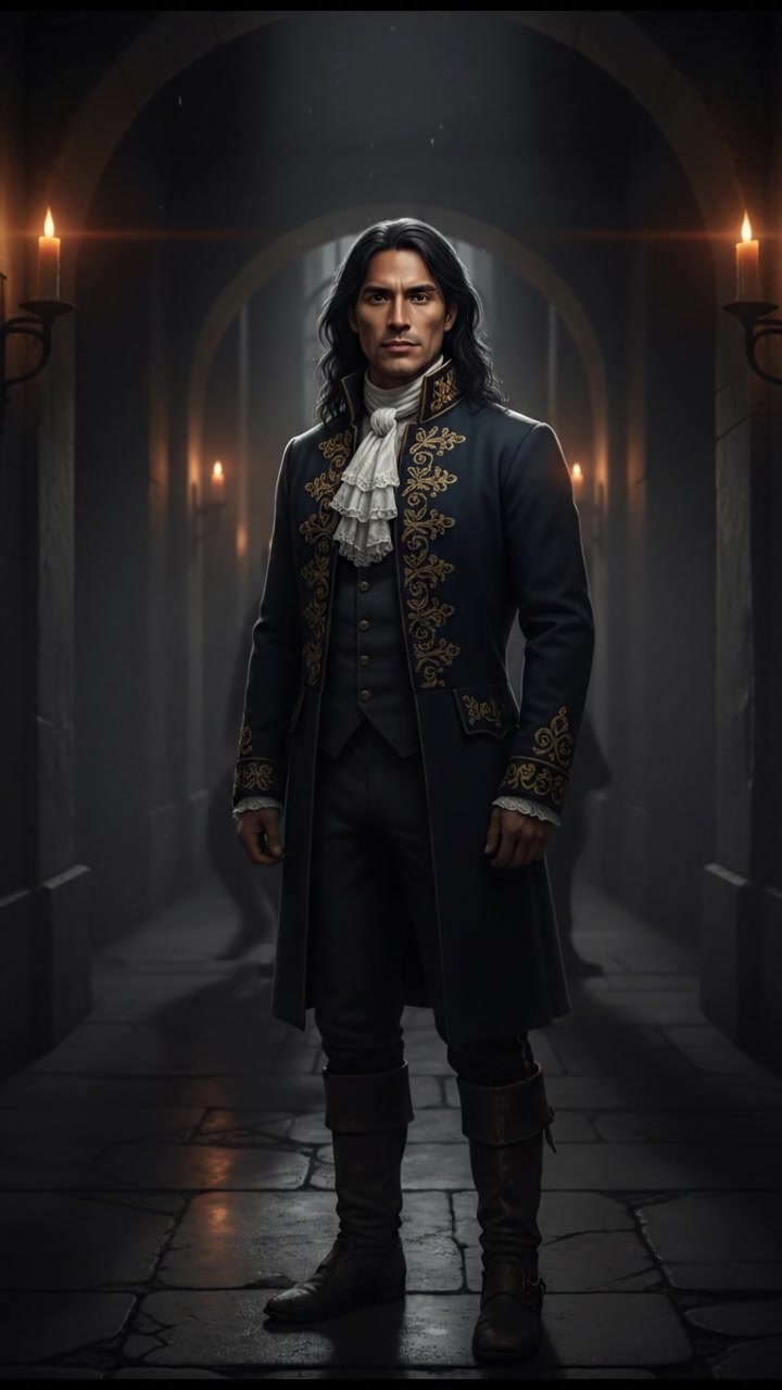 standing in a dimly lit hallway, shadows moving just beyond sight, suspenseful atmosphere