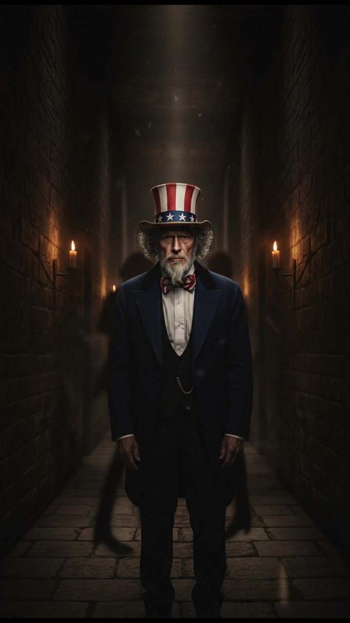 standing in a dimly lit hallway, shadows moving just beyond sight, suspenseful atmosphere