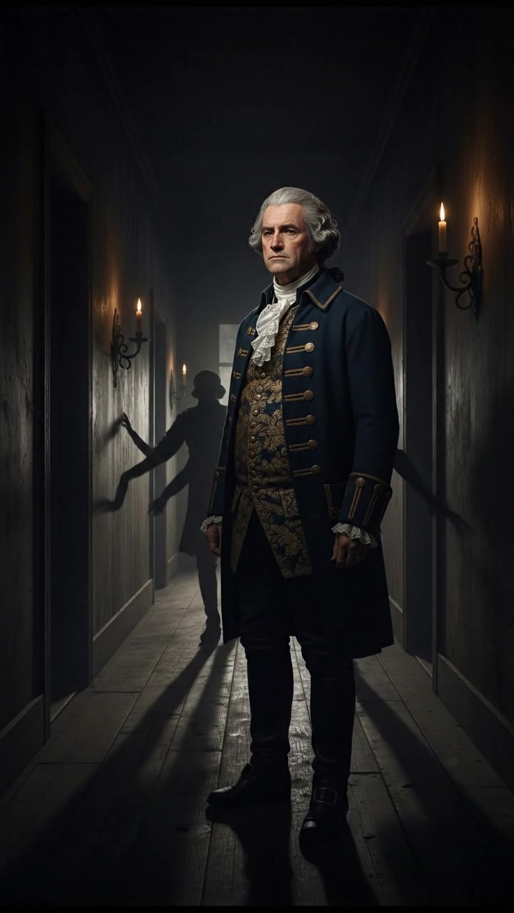 standing in a dimly lit hallway, shadows moving just beyond sight, suspenseful atmosphere