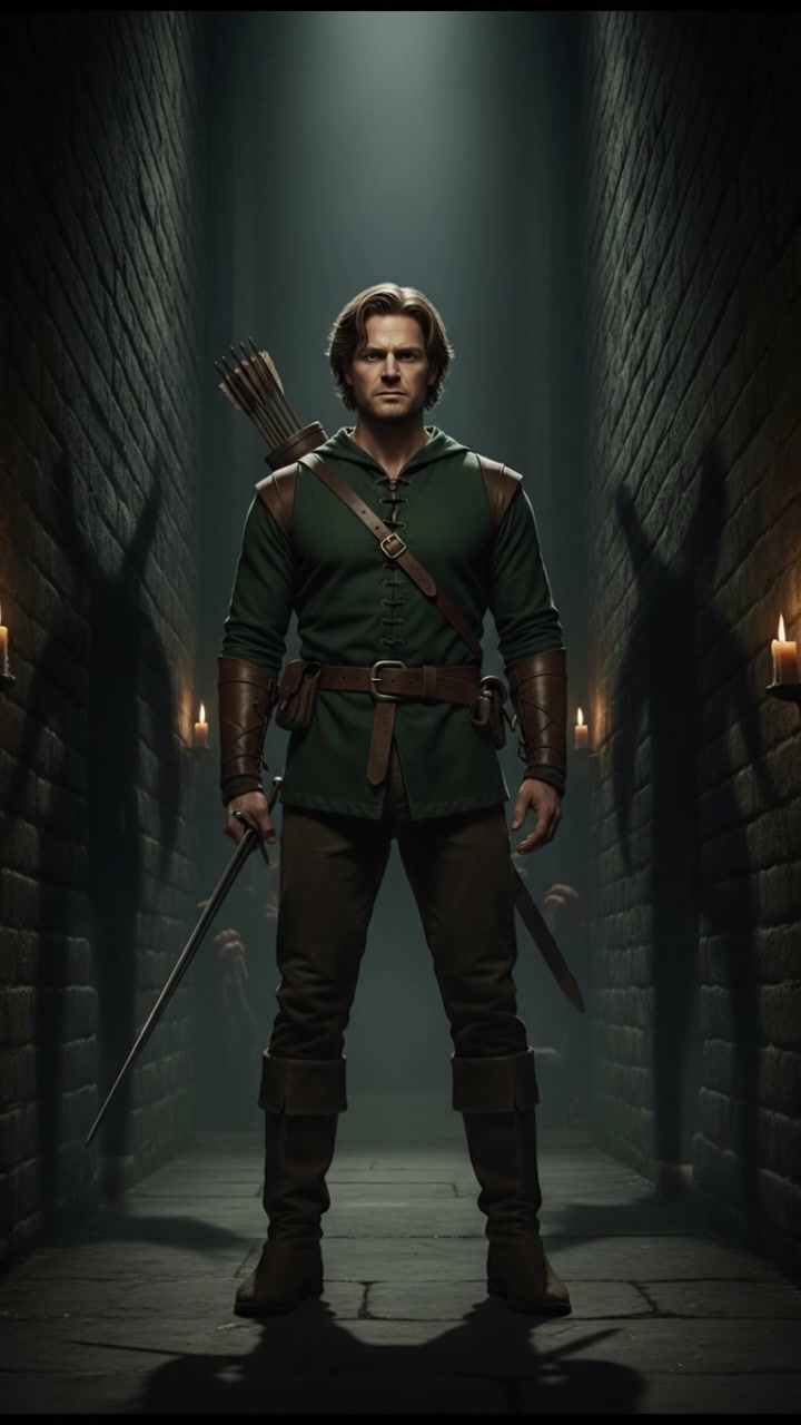 standing in a dimly lit hallway, shadows moving just beyond sight, suspenseful atmosphere