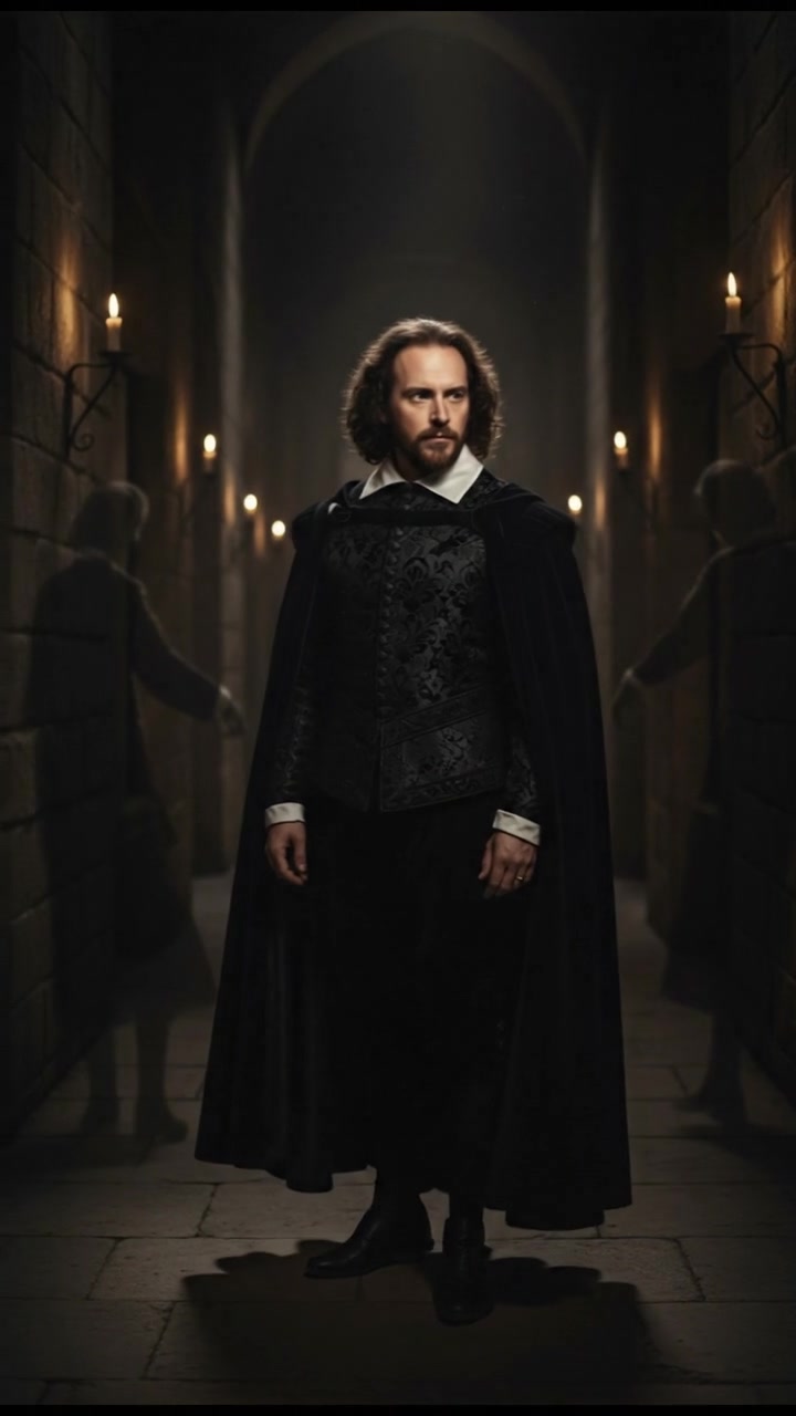 standing in a dimly lit hallway, shadows moving just beyond sight, suspenseful atmosphere