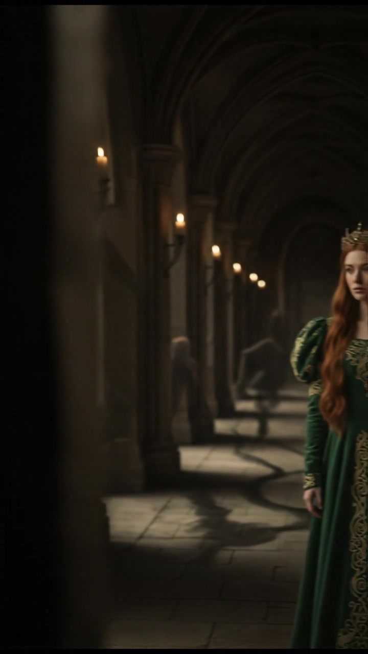 standing in a dimly lit hallway, shadows moving just beyond sight, suspenseful atmosphere