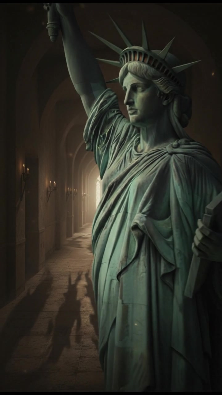 standing in a dimly lit hallway, shadows moving just beyond sight, suspenseful atmosphere