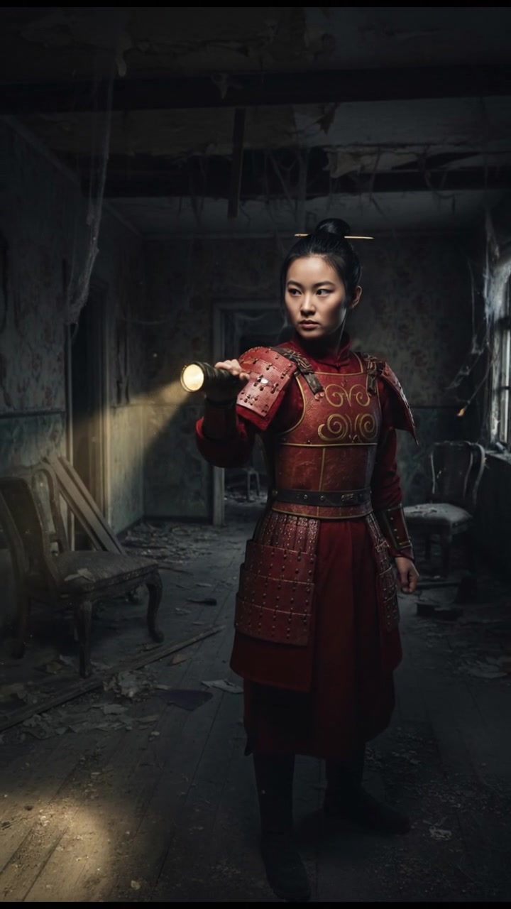 holding a flickering flashlight in an abandoned house, dust and cobwebs swirling in the air