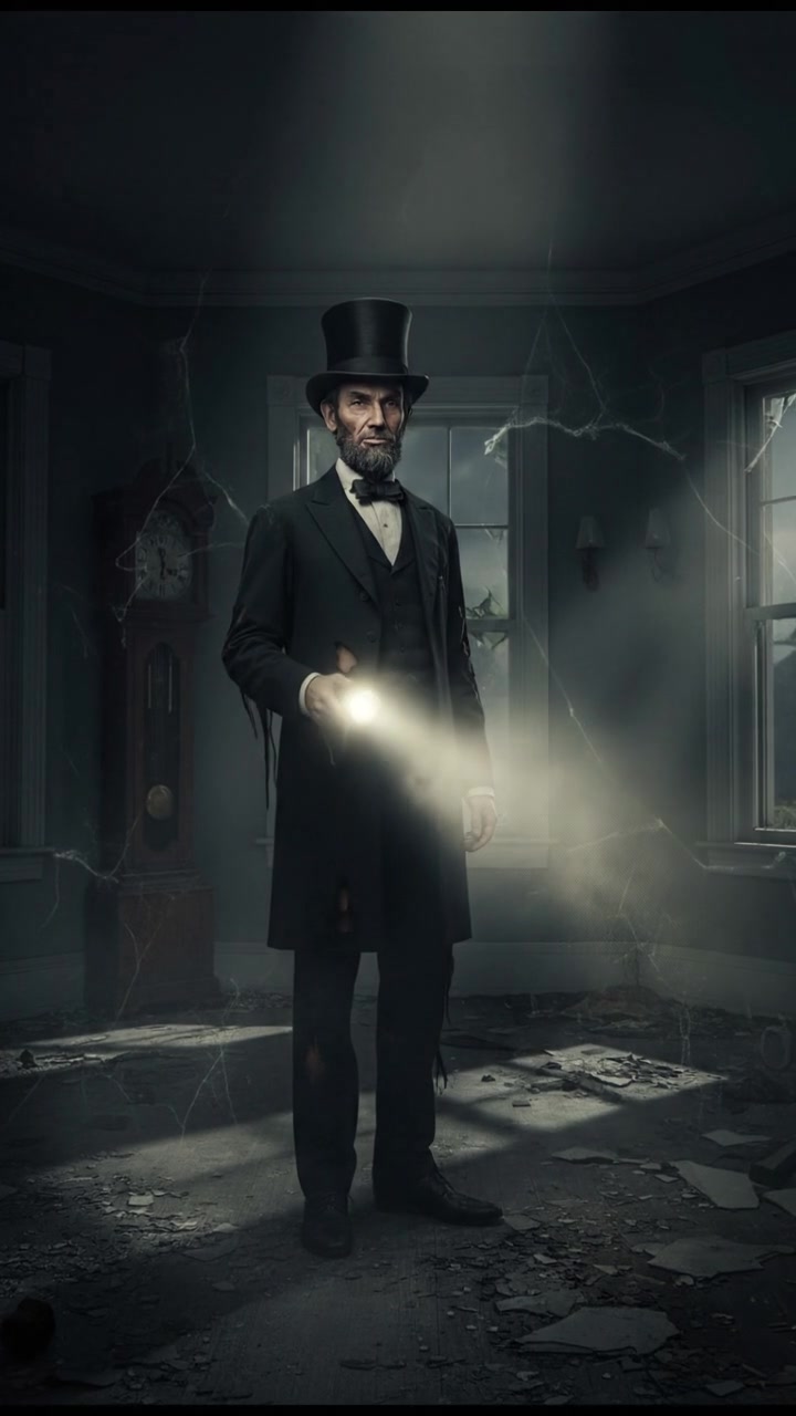 holding a flickering flashlight in an abandoned house, dust and cobwebs swirling in the air