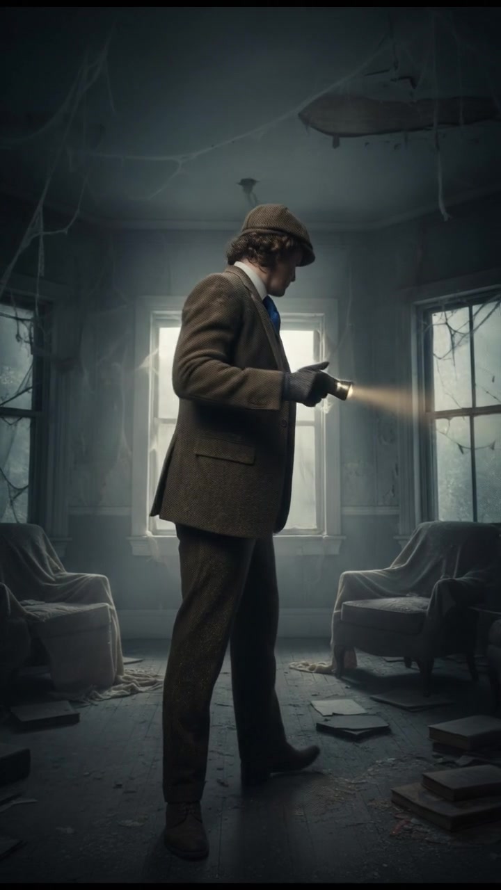 holding a flickering flashlight in an abandoned house, dust and cobwebs swirling in the air