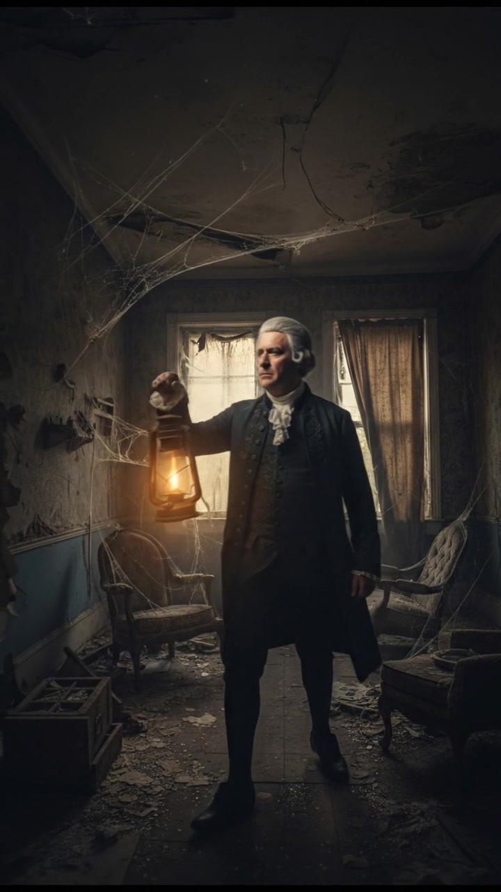 holding a flickering flashlight in an abandoned house, dust and cobwebs swirling in the air