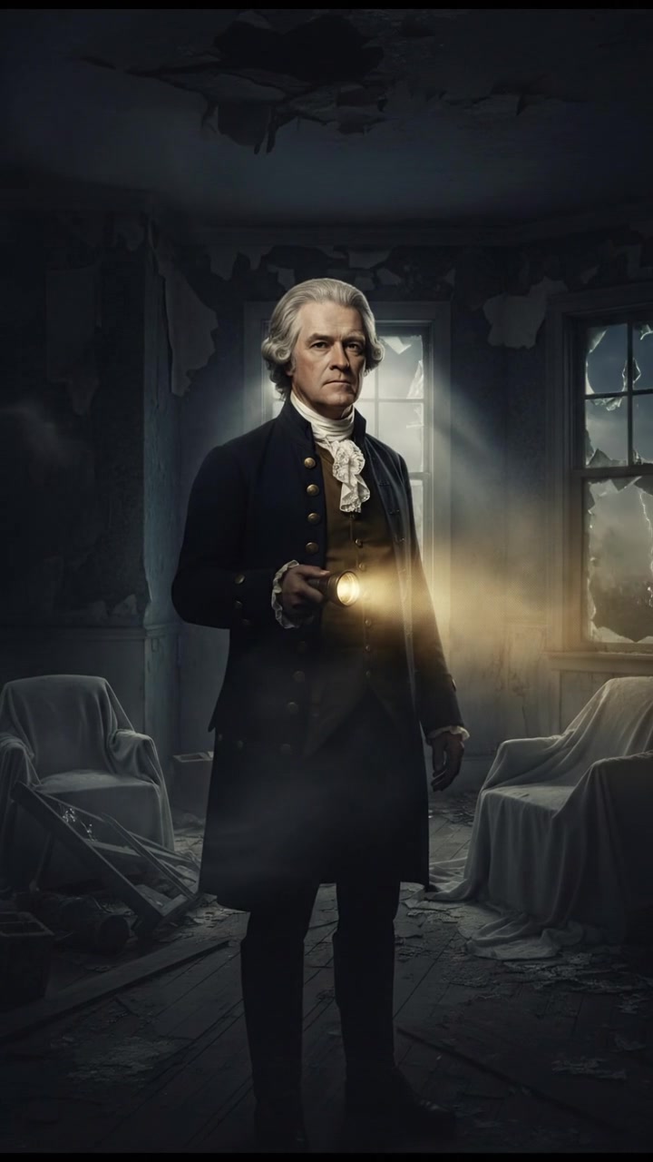 holding a flickering flashlight in an abandoned house, dust and cobwebs swirling in the air