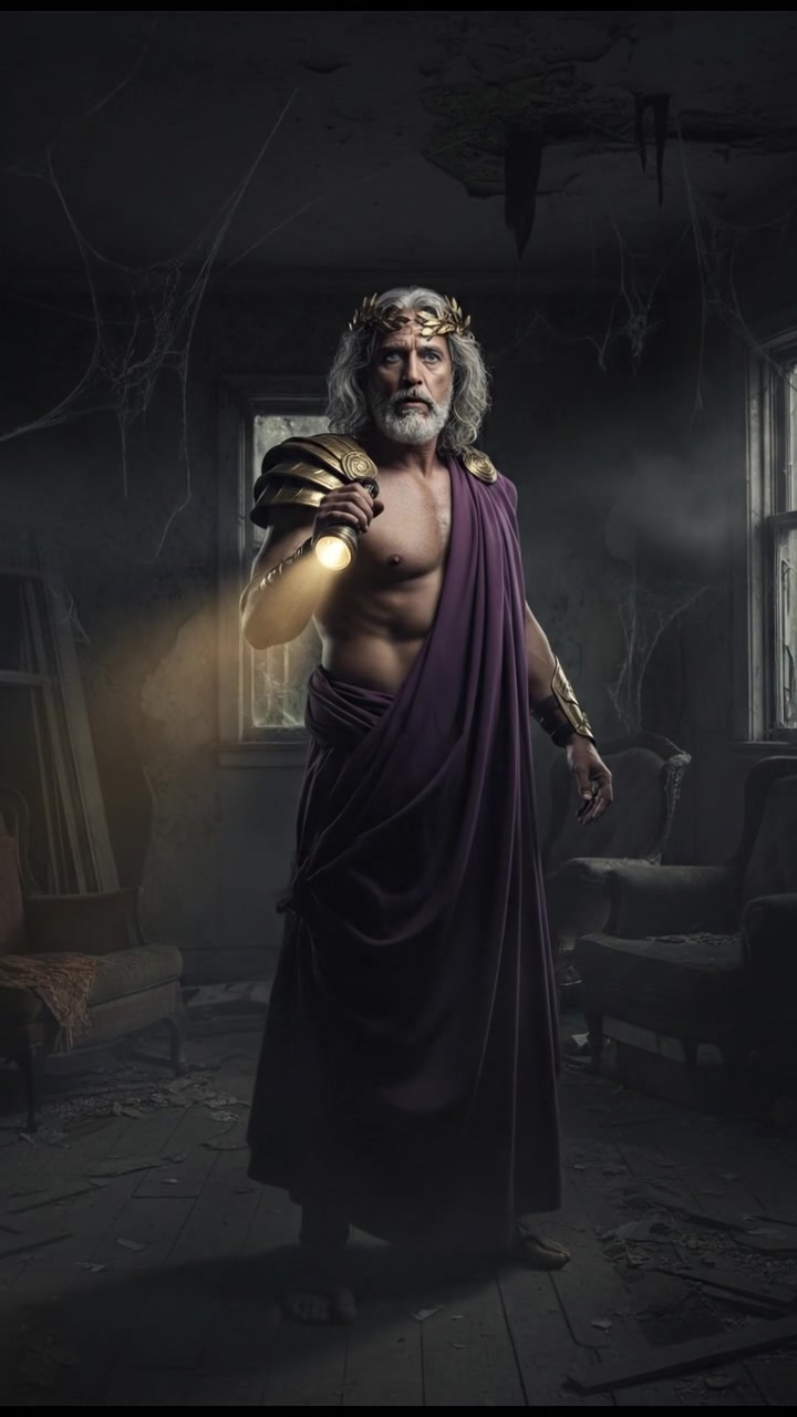 holding a flickering flashlight in an abandoned house, dust and cobwebs swirling in the air