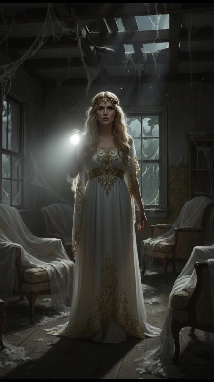 holding a flickering flashlight in an abandoned house, dust and cobwebs swirling in the air