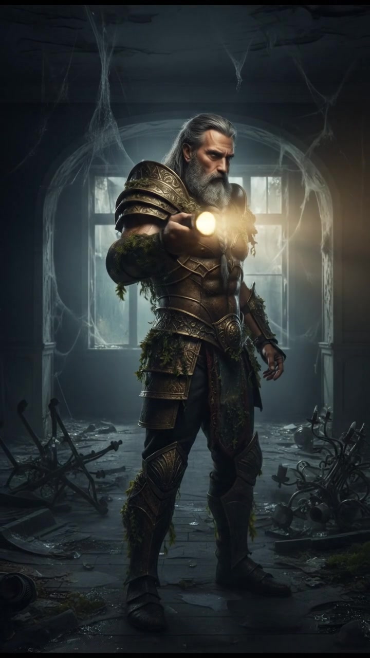 holding a flickering flashlight in an abandoned house, dust and cobwebs swirling in the air