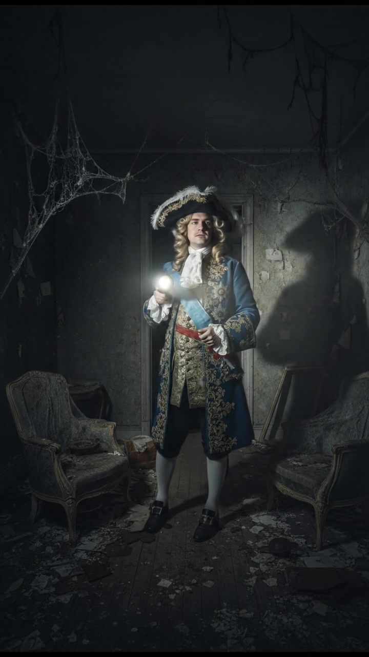 holding a flickering flashlight in an abandoned house, dust and cobwebs swirling in the air