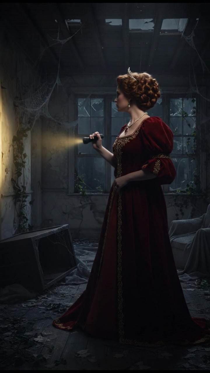 holding a flickering flashlight in an abandoned house, dust and cobwebs swirling in the air