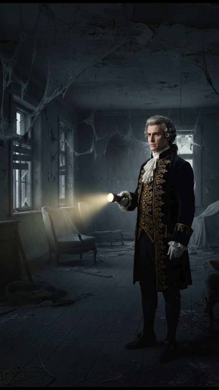 holding a flickering flashlight in an abandoned house, dust and cobwebs swirling in the air