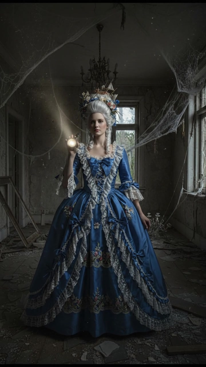 holding a flickering flashlight in an abandoned house, dust and cobwebs swirling in the air