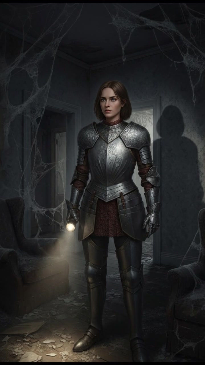 holding a flickering flashlight in an abandoned house, dust and cobwebs swirling in the air