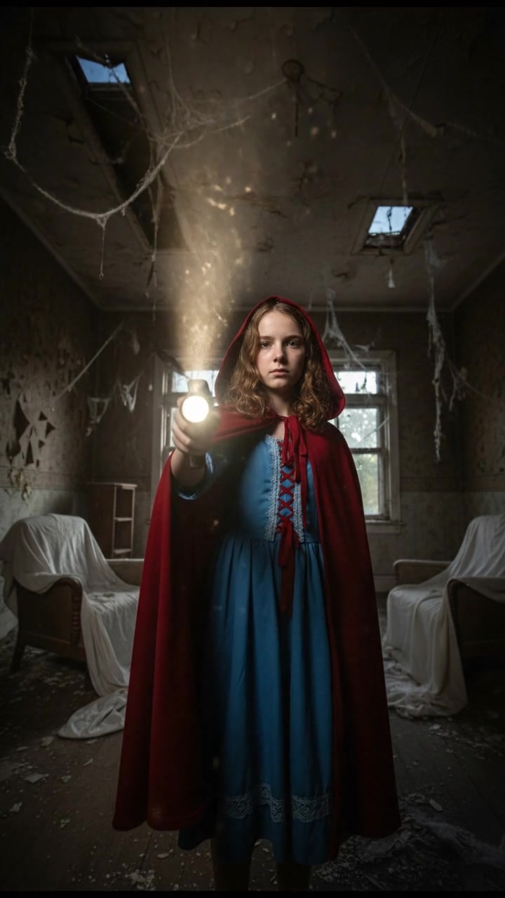holding a flickering flashlight in an abandoned house, dust and cobwebs swirling in the air