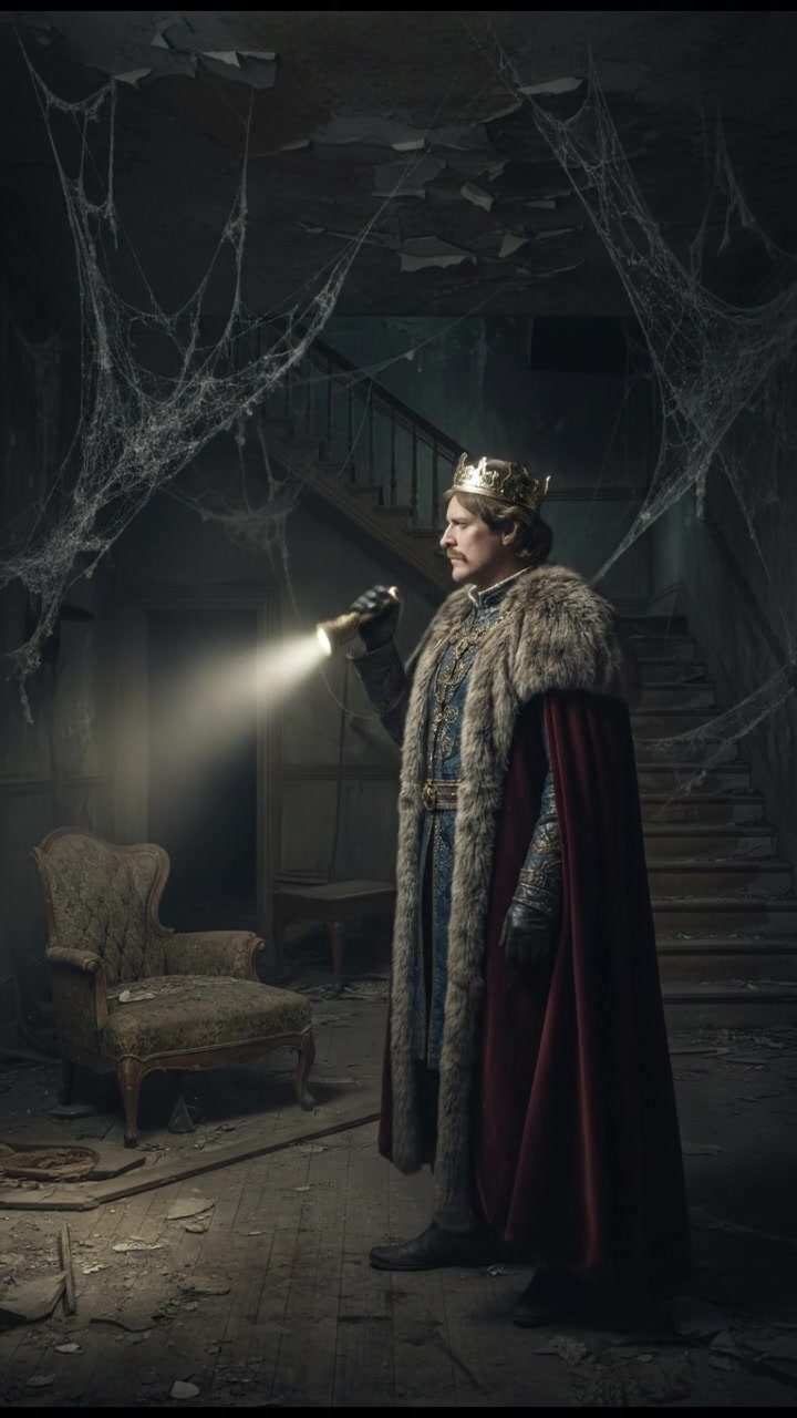 holding a flickering flashlight in an abandoned house, dust and cobwebs swirling in the air