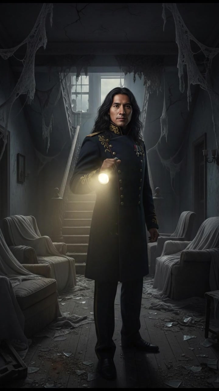 holding a flickering flashlight in an abandoned house, dust and cobwebs swirling in the air