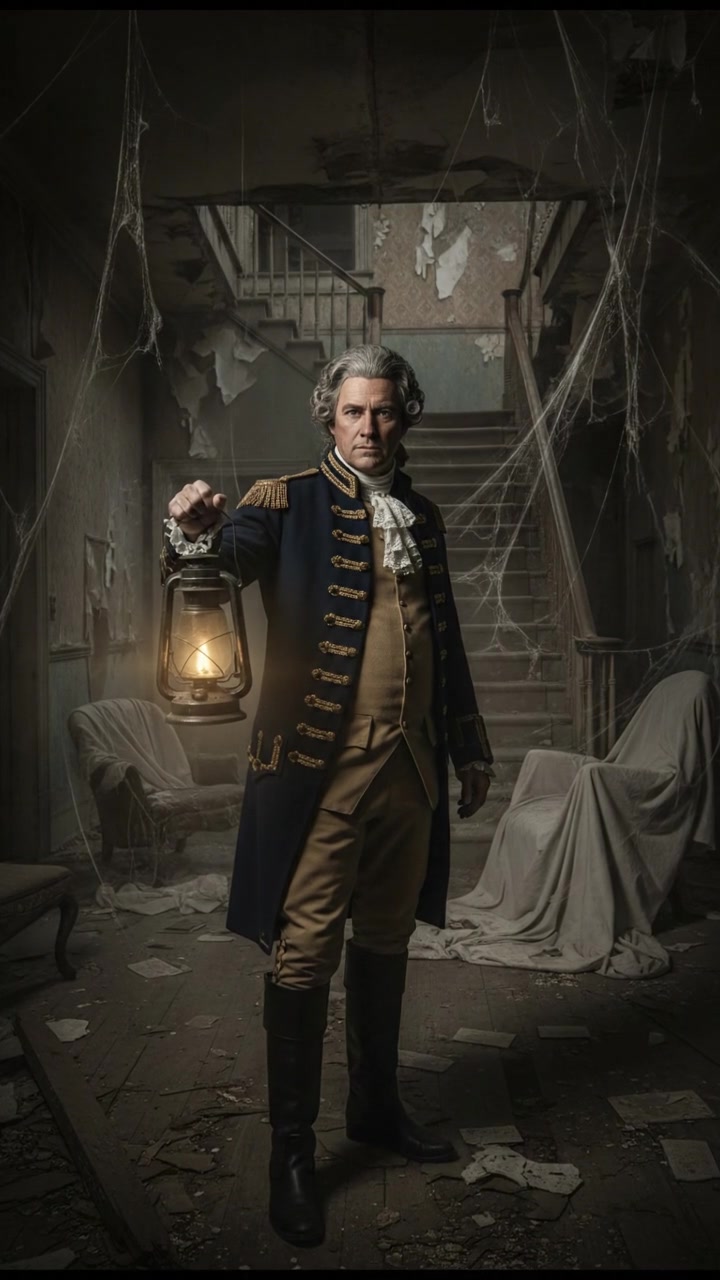 holding a flickering flashlight in an abandoned house, dust and cobwebs swirling in the air