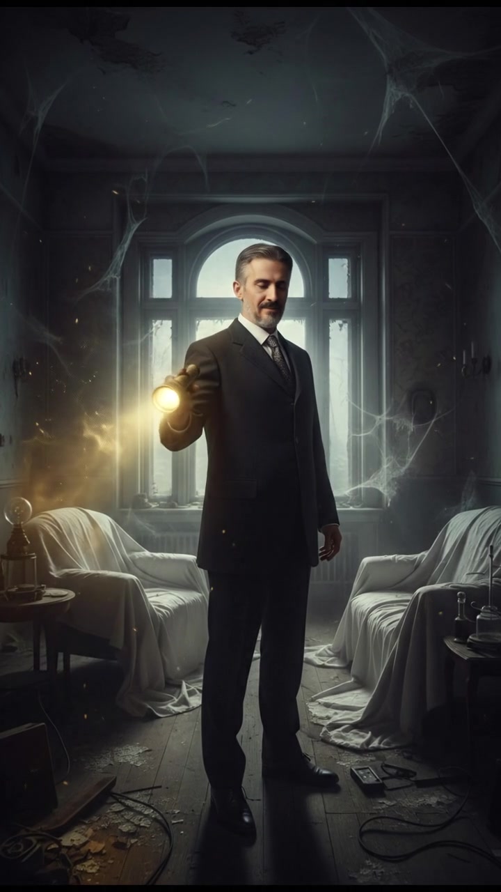 holding a flickering flashlight in an abandoned house, dust and cobwebs swirling in the air