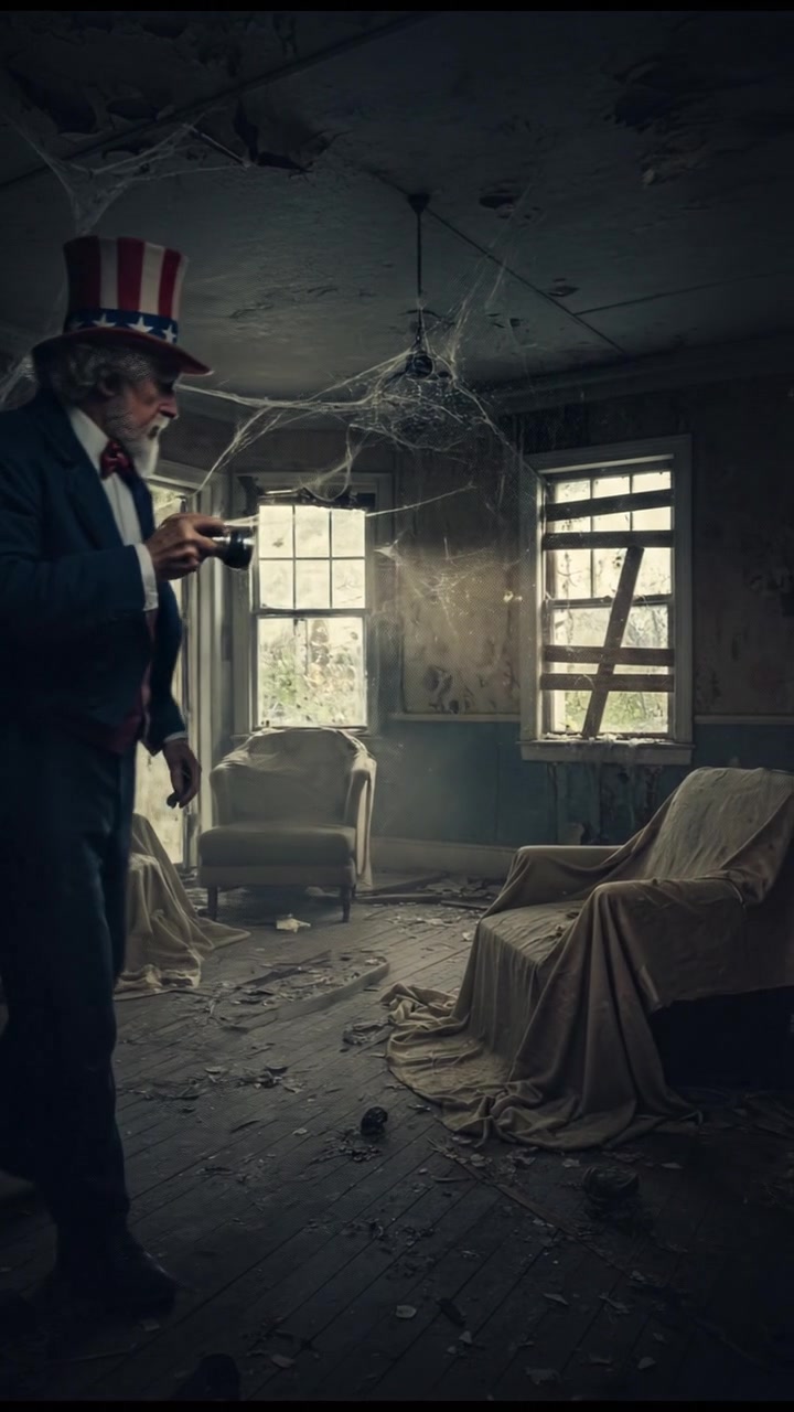 holding a flickering flashlight in an abandoned house, dust and cobwebs swirling in the air